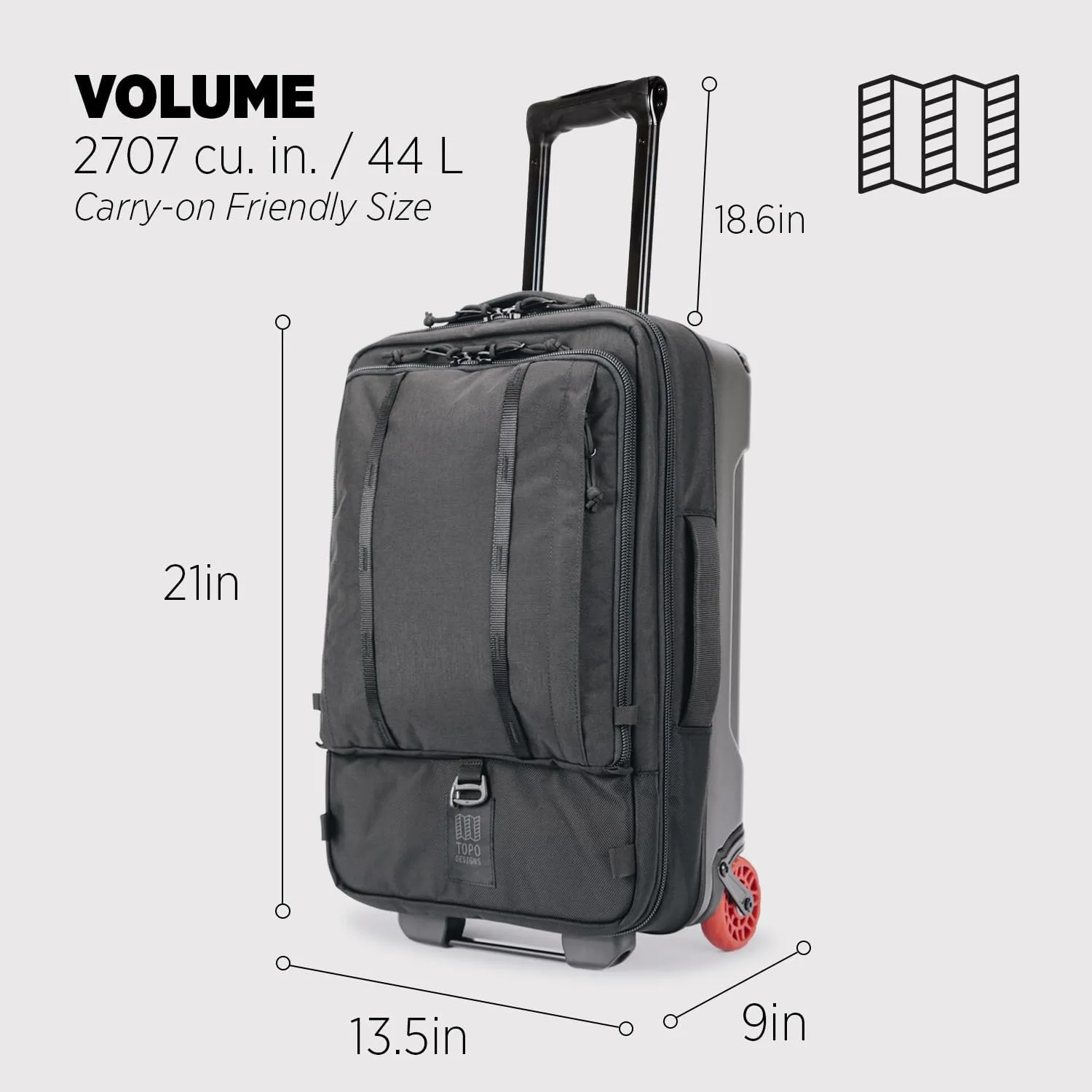 Topo Designs Global Travel Roller Bag Suitcase, Carry-On Friendly, 3 Carry Options, Smooth Heavy Duty Wheels, Telescoping Handle (Black)