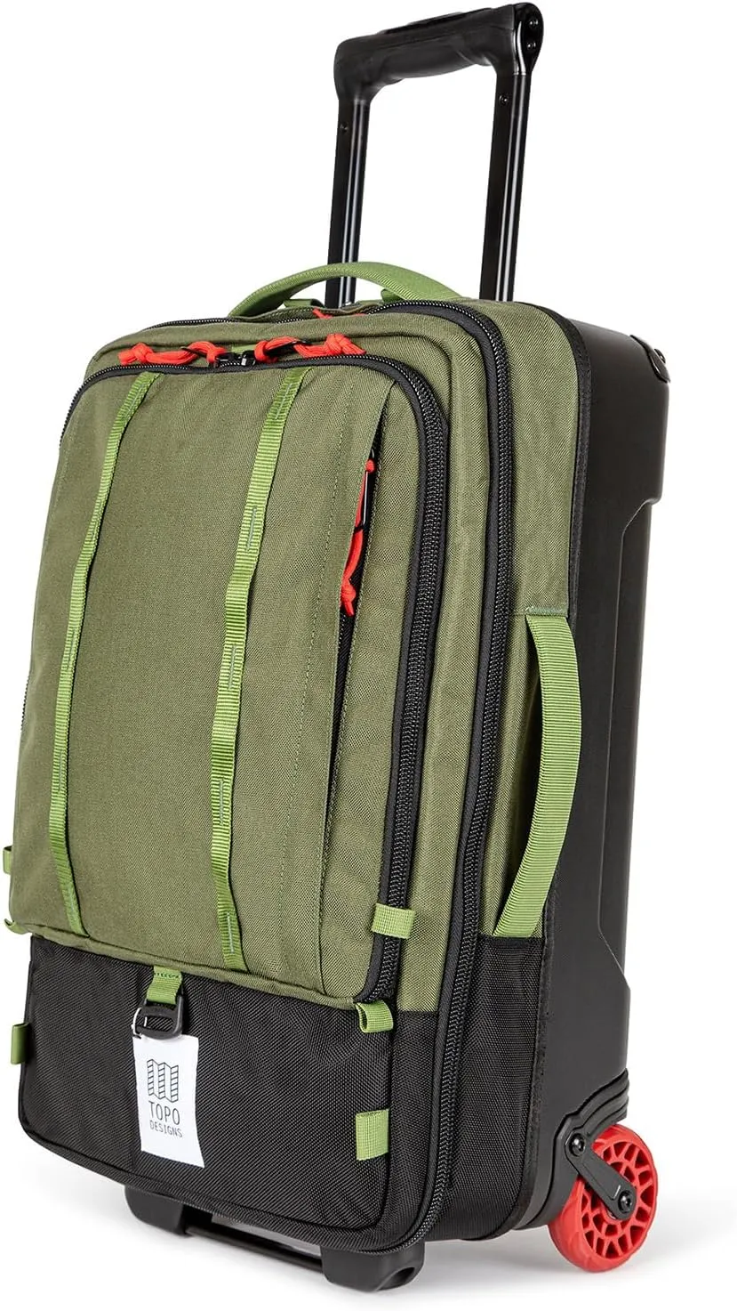 Topo Designs Global Travel Roller Bag Suitcase, Carry-On Friendly, 3 Carry Options, Smooth Heavy Duty Wheels, Telescoping Handle, Designed in Denver CO USA, PFAS Free (Olive/Olive)
