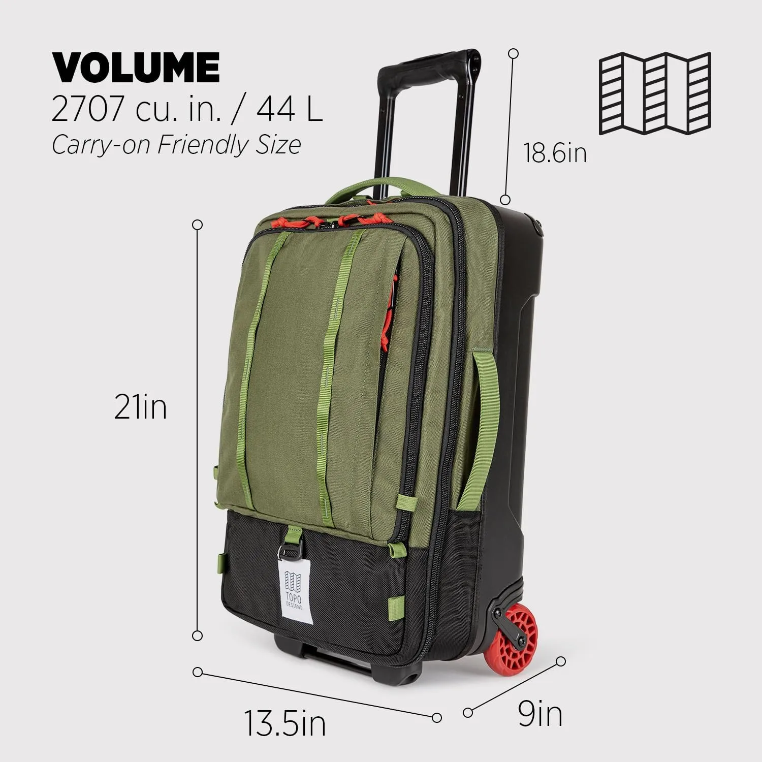 Topo Designs Global Travel Roller Bag Suitcase, Carry-On Friendly, 3 Carry Options, Smooth Heavy Duty Wheels, Telescoping Handle, Designed in Denver CO USA, PFAS Free (Olive/Olive)