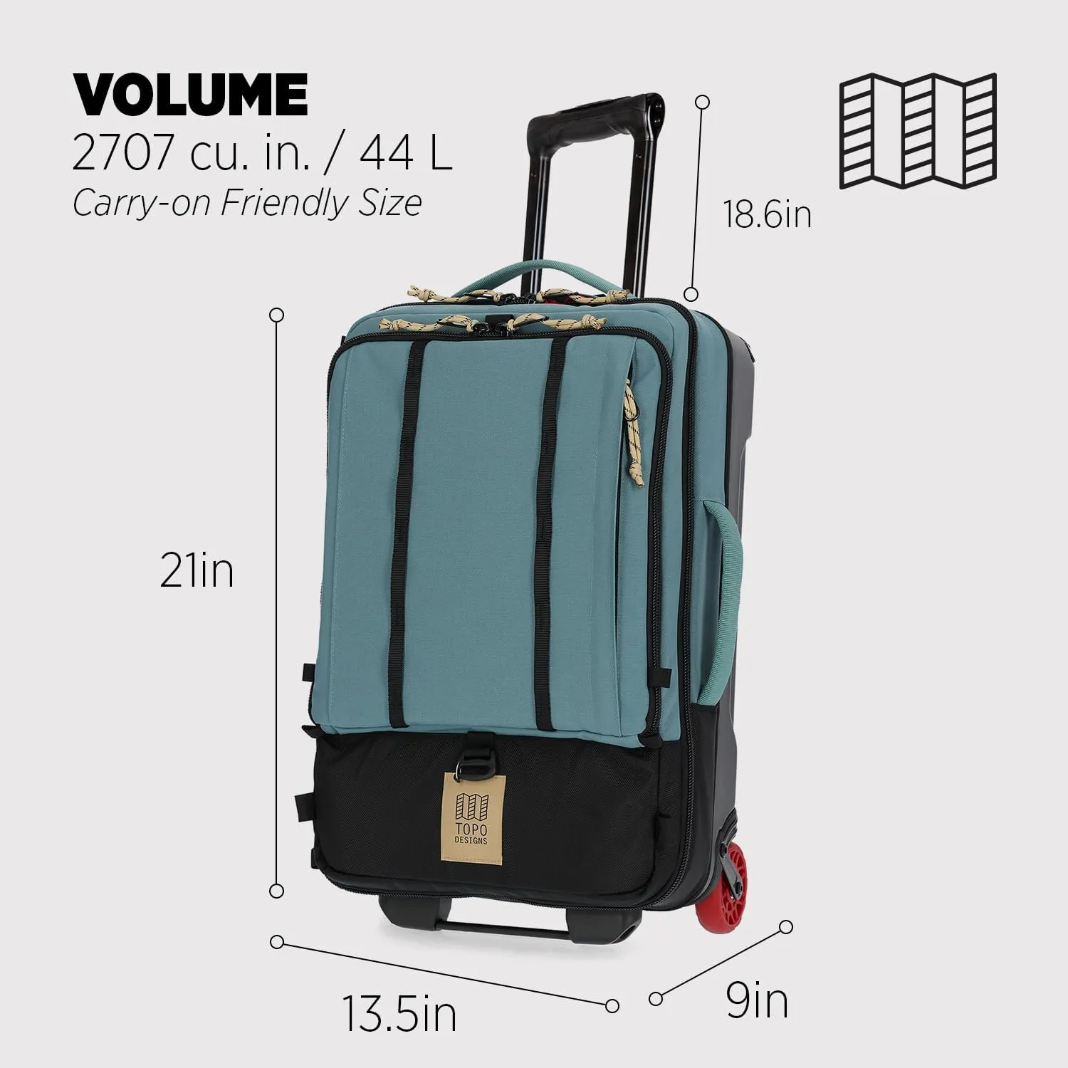 Topo Designs Global Travel Roller Bag Suitcase, Carry-On Friendly, 3 Carry Options, Smooth Heavy Duty Wheels, Telescoping Handle, Designed in Denver CO USA, PFAS Free (Sea Pine)