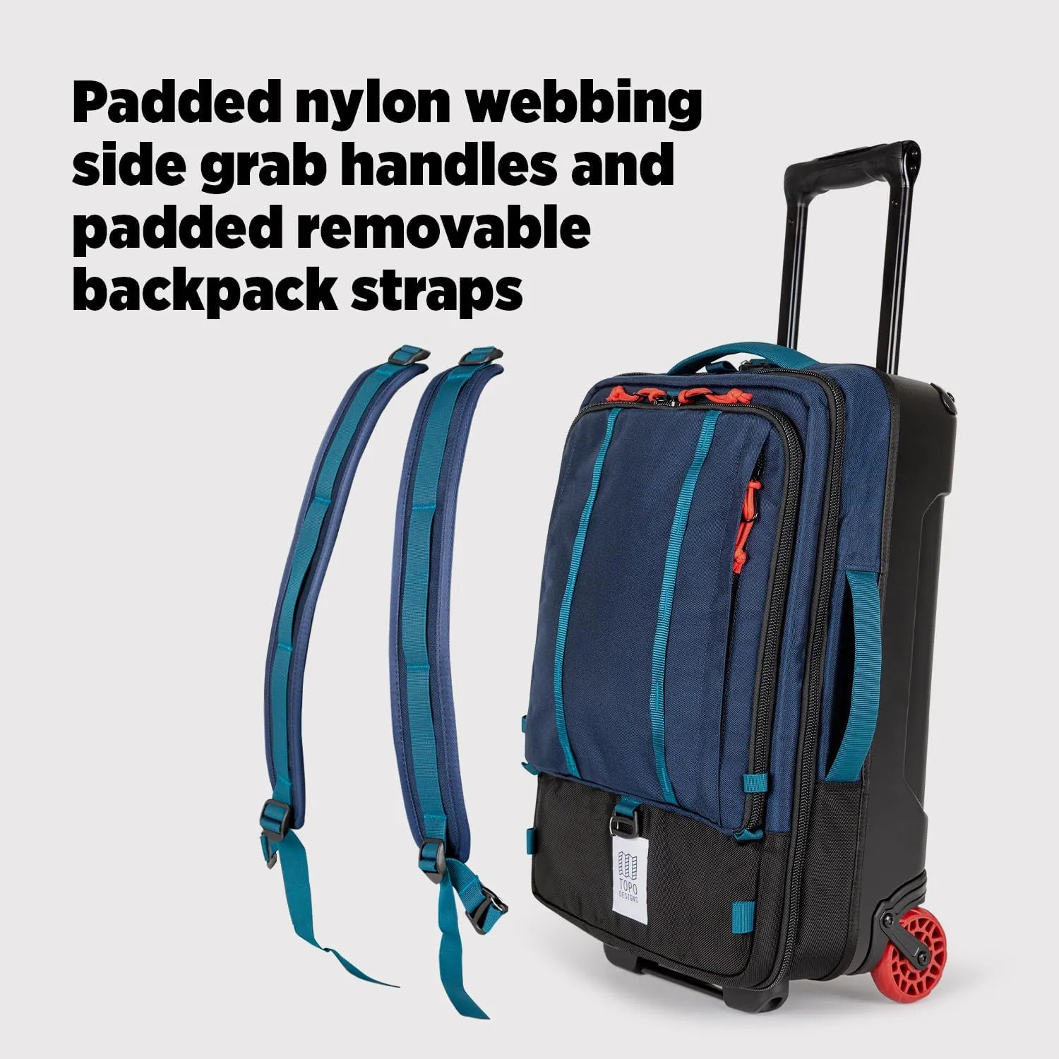 Topo Designs Global Travel Roller Bag Suitcase, Carry-On Friendly, 3 Carry Options, Smooth Heavy Duty Wheels, Telescoping Handle, Designed in Denver CO USA, PFAS Free (Sea Pine)