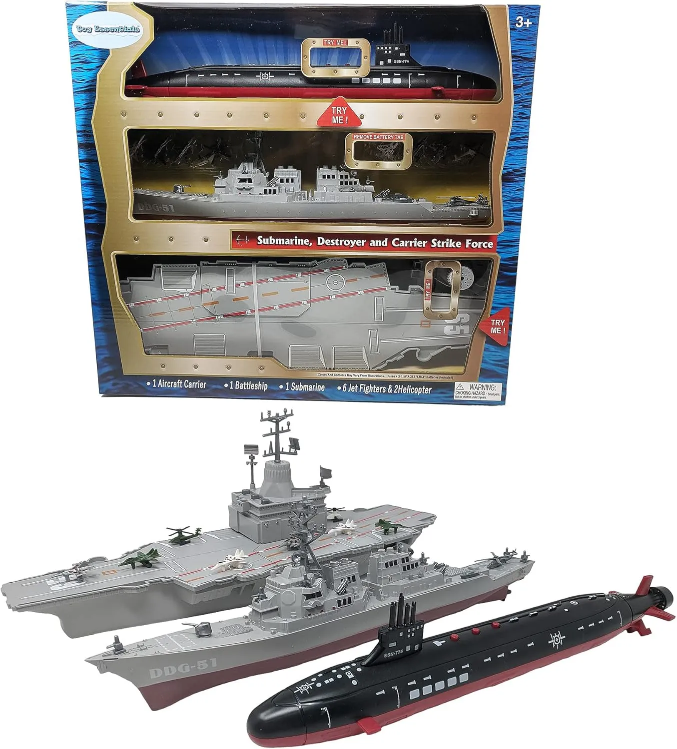 Toy Aircraft Carrier Submarine and Battleship Destroyer Combo with 8 Mini Fighter Jets