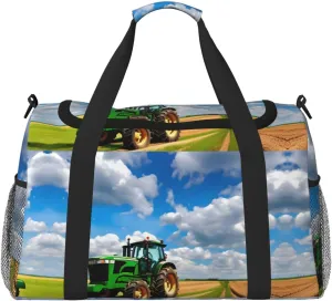 Tractor under blue sky and white clouds print Large Canvas Travel Duffel Bag Weekender Bags for Women Overnight Bag Carry On Tote Bag