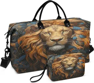 Travel Duffel Bag for Women Men, Lion Large Waterproof Weekender Overnight Bag, Detachable Shoulder Strap Travel Sport Gym Bag with Toiletry Bag