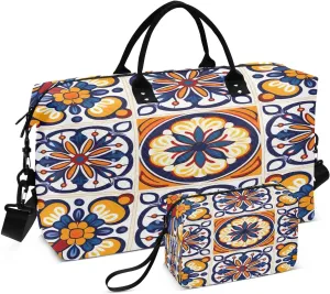 Travel Duffel Bag Large Weekender Overnight Bags for Women Men, Morocco Tiles Gym Bag with Toiletry Bag