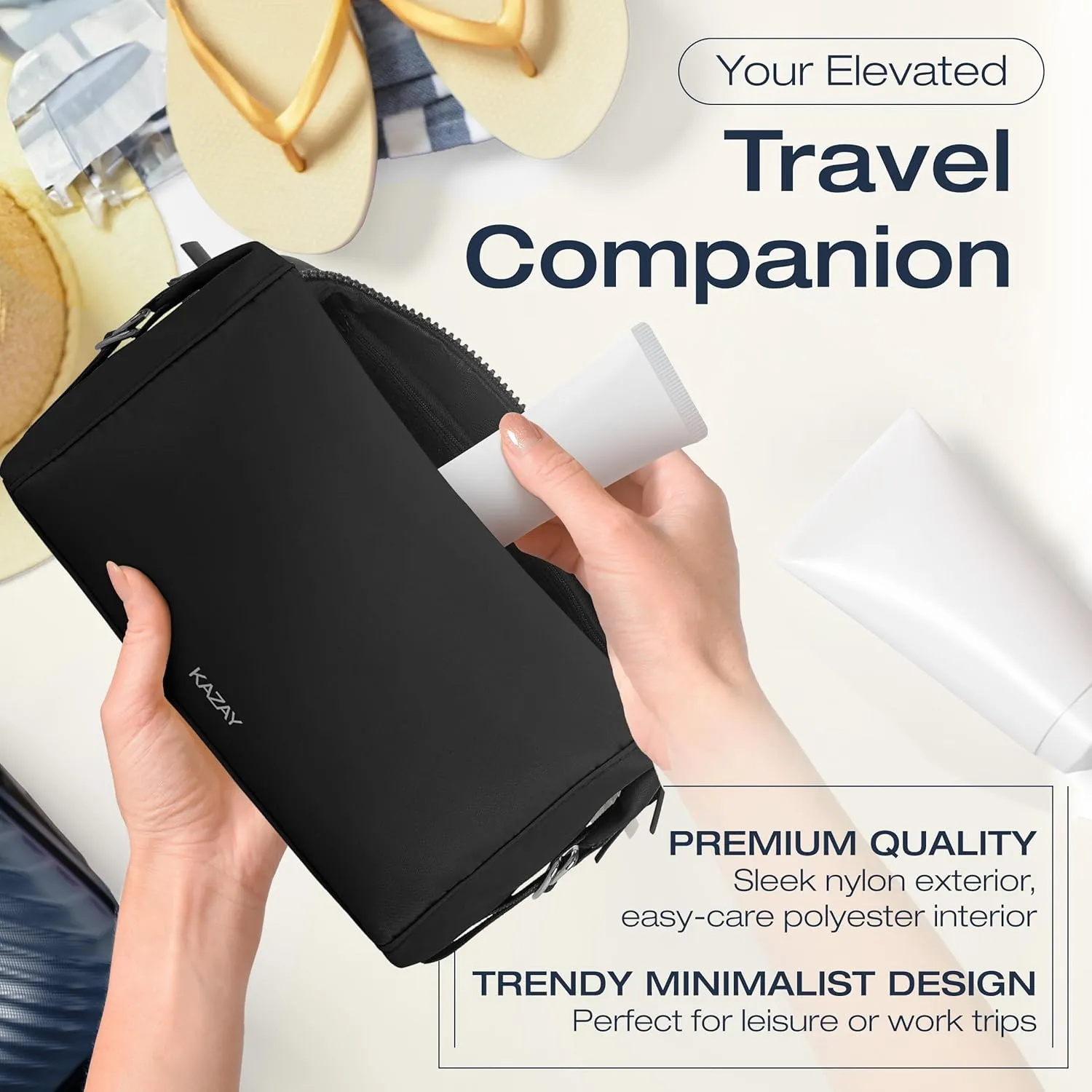 Travel Toiletry Bag, Large Capacity with Side Clips for Adjustable Sizing, Premium Nylon, Water Resistant, Cosmetic Bag, Stylish, Full-Size Bottles, Makeup Bag, Unisex (Black)