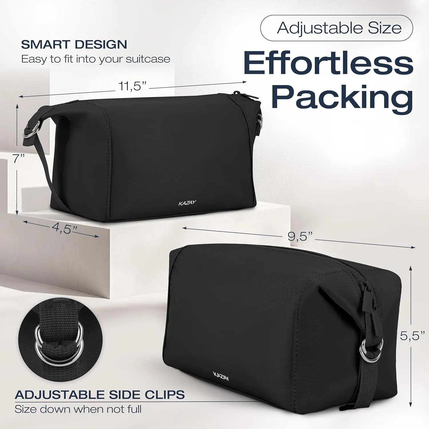 Travel Toiletry Bag, Large Capacity with Side Clips for Adjustable Sizing, Premium Nylon, Water Resistant, Cosmetic Bag, Stylish, Full-Size Bottles, Makeup Bag, Unisex (Black)