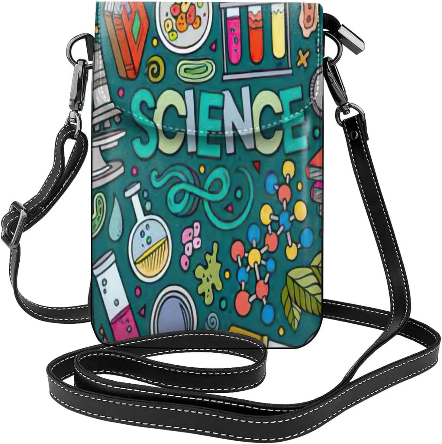 Trendy mini Cartoon Science Theme print crossbody cell phone bag for women,everyday use and travel handbag