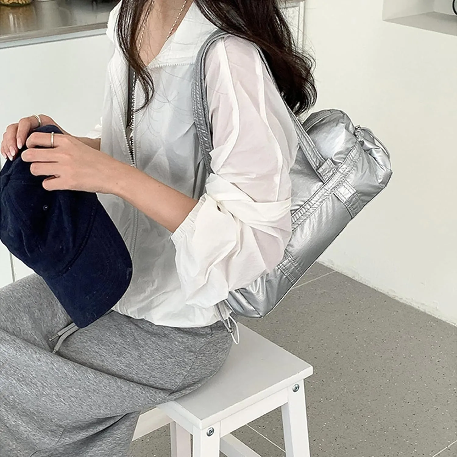 Trendy Women Shoulder Bag Top Handle Handbag Commuting Bag Large Capacity Underarm Bag PU Leather Armpit Bag