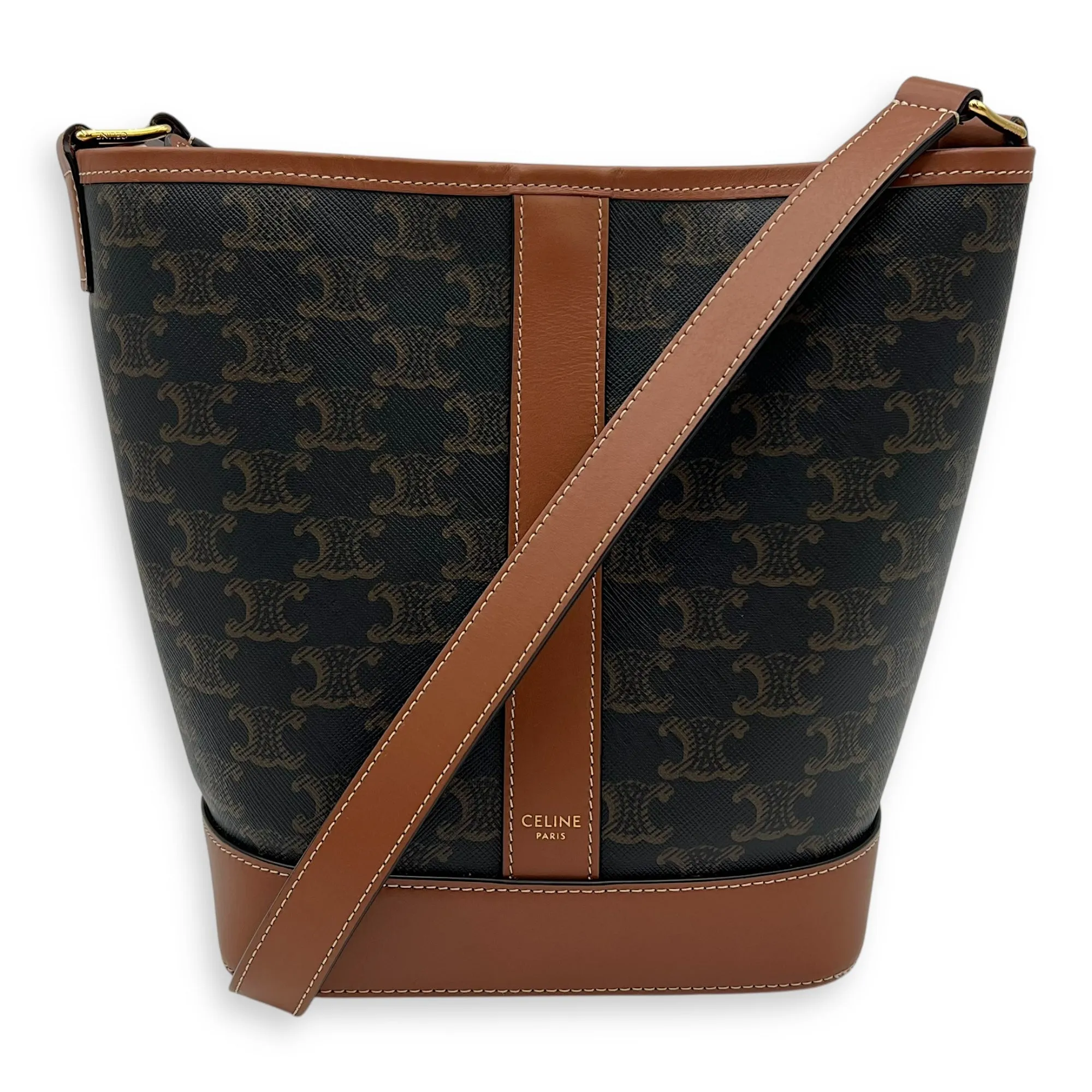Triomphe Bucket Bag Brown in Coated Canvas, Gold hardware