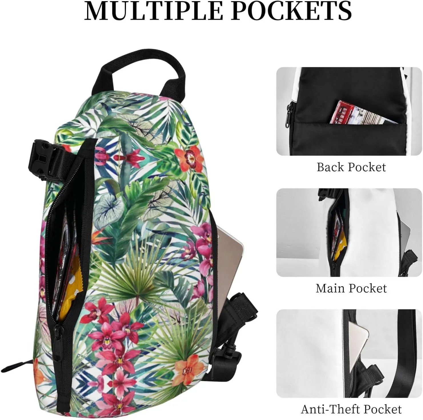 Tropical Plants Print Crossbody Backpack Casual Adjustable Bag Multifunctional Sling Backpack