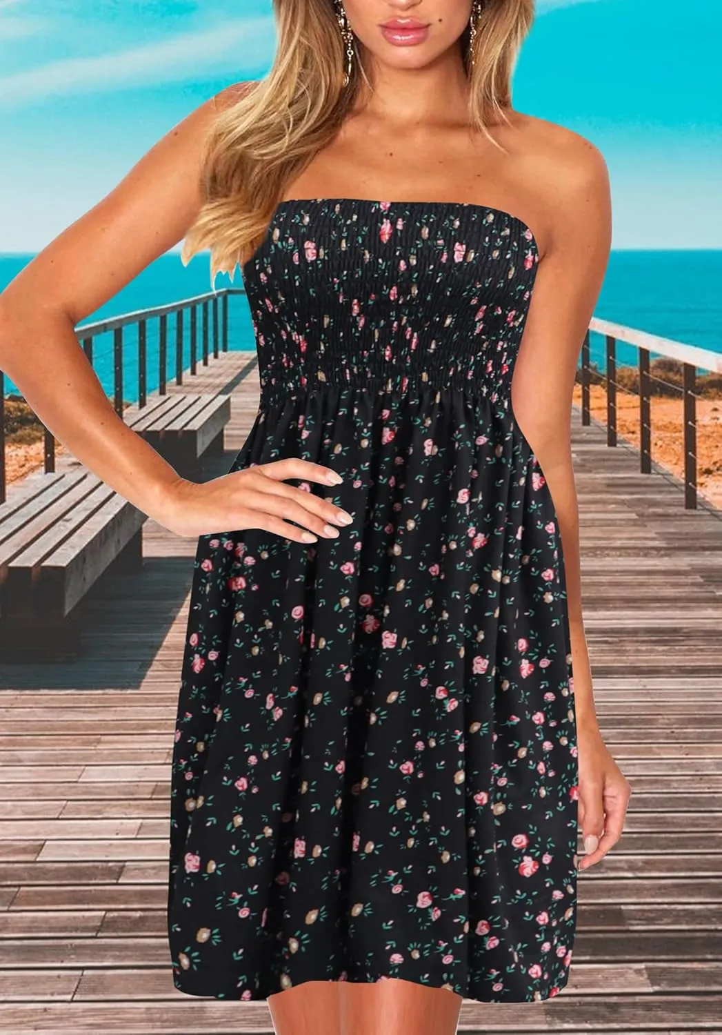 Tube Top Dress Boho Floral Beach Smocked Sundress Strapless Dress for Women Summer