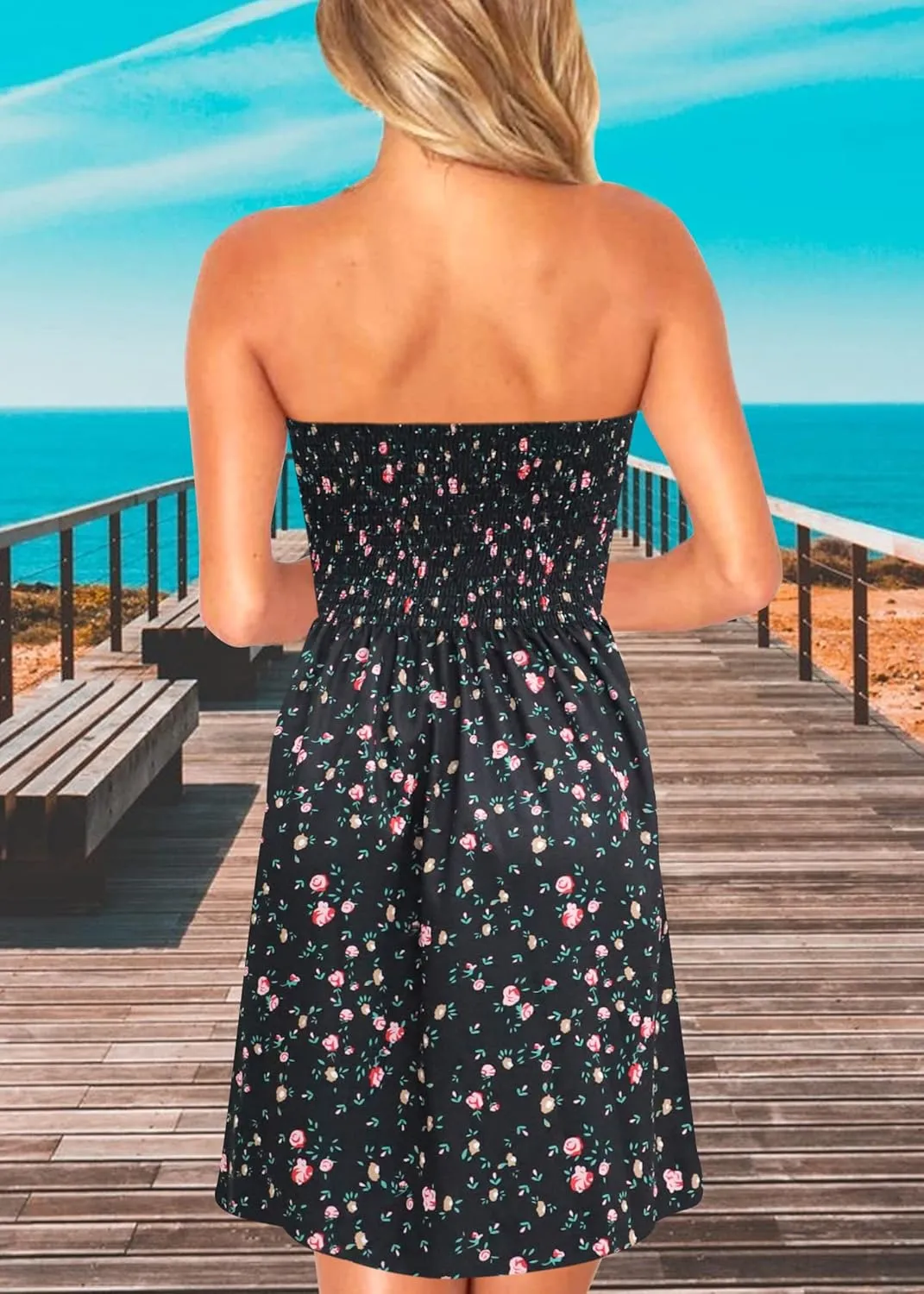 Tube Top Dress Boho Floral Beach Smocked Sundress Strapless Dress for Women Summer