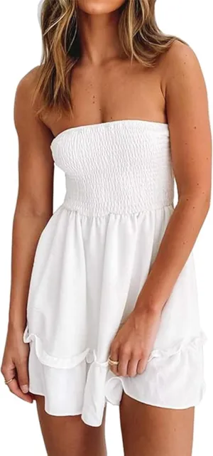 Tube Top Dress for Women Summer Solid Strapless Mini Dresses, Off The Shoudle Ruffle Beach Dress