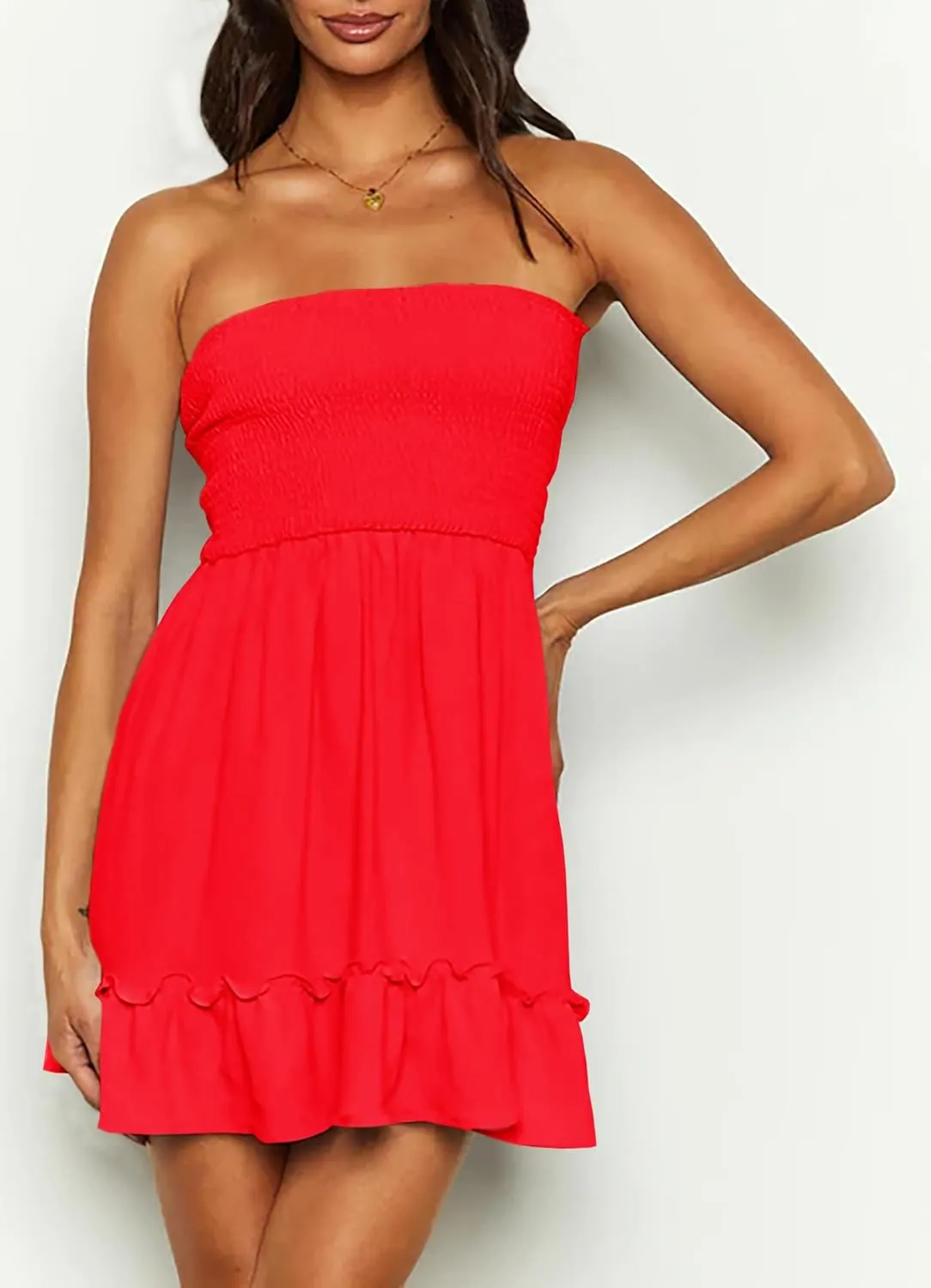 Tube Top Dress for Women Summer Solid Strapless Mini Dresses, Off The Shoudle Ruffle Beach Dress