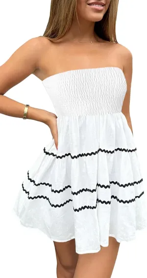 Tube Top Dress for Women Summer Solid Strapless Mini Dresses, Off The Shoudle Ruffle Beach Dress