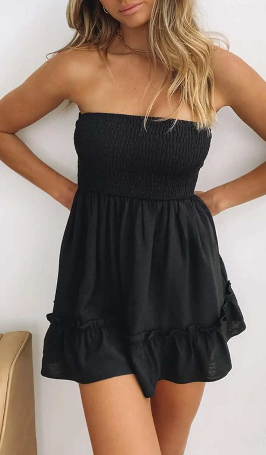 Tube Top Dress for Women Summer Solid Strapless Mini Dresses, Off The Shoudle Ruffle Beach Dress