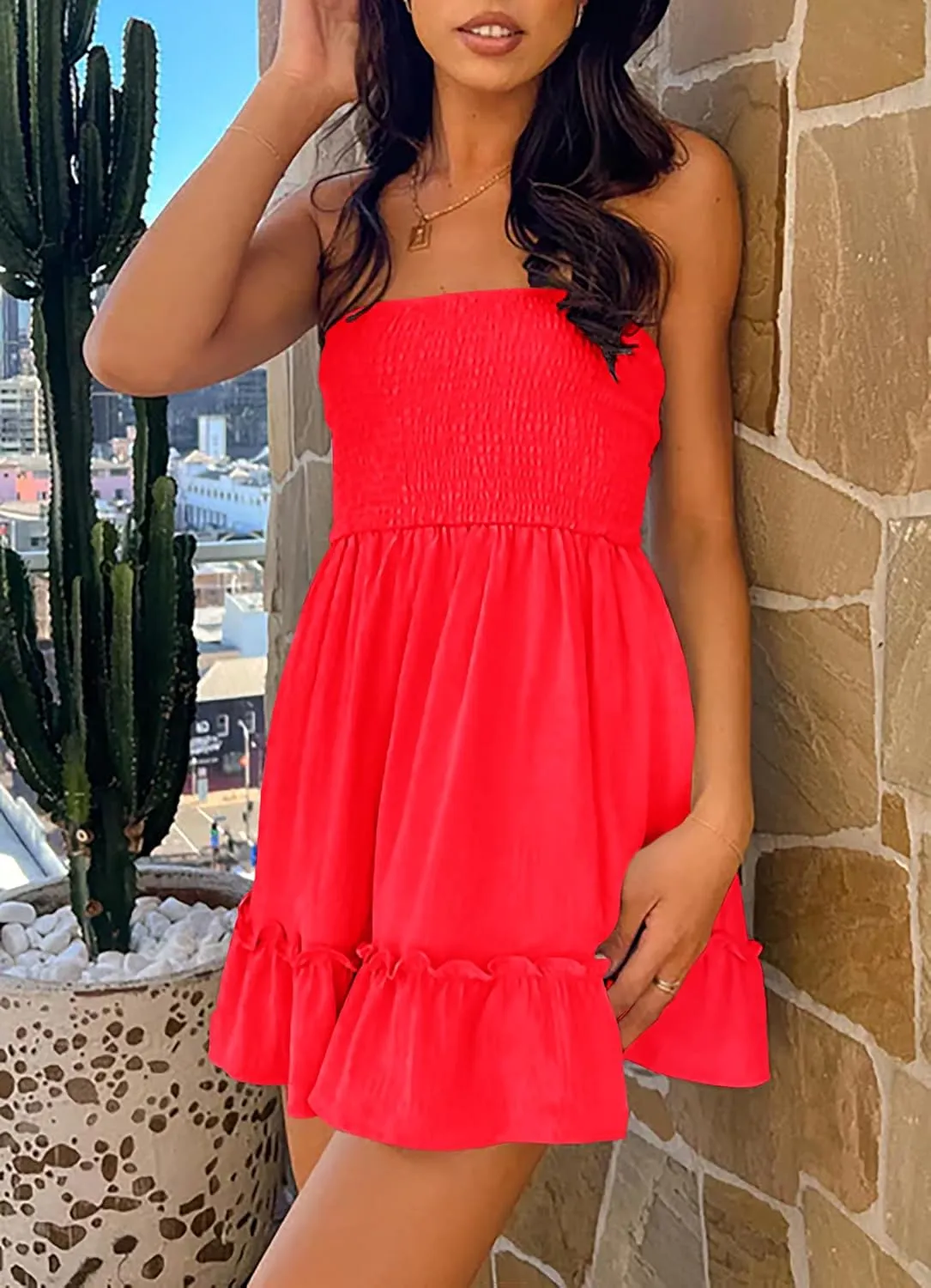 Tube Top Dress for Women Summer Solid Strapless Mini Dresses, Off The Shoudle Ruffle Beach Dress