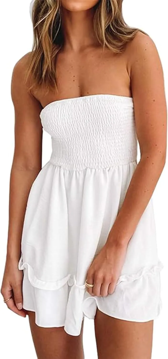 Tube Top Dress for Women Summer Solid Strapless Mini Dresses, Off The Shoudle Ruffle Beach Dress