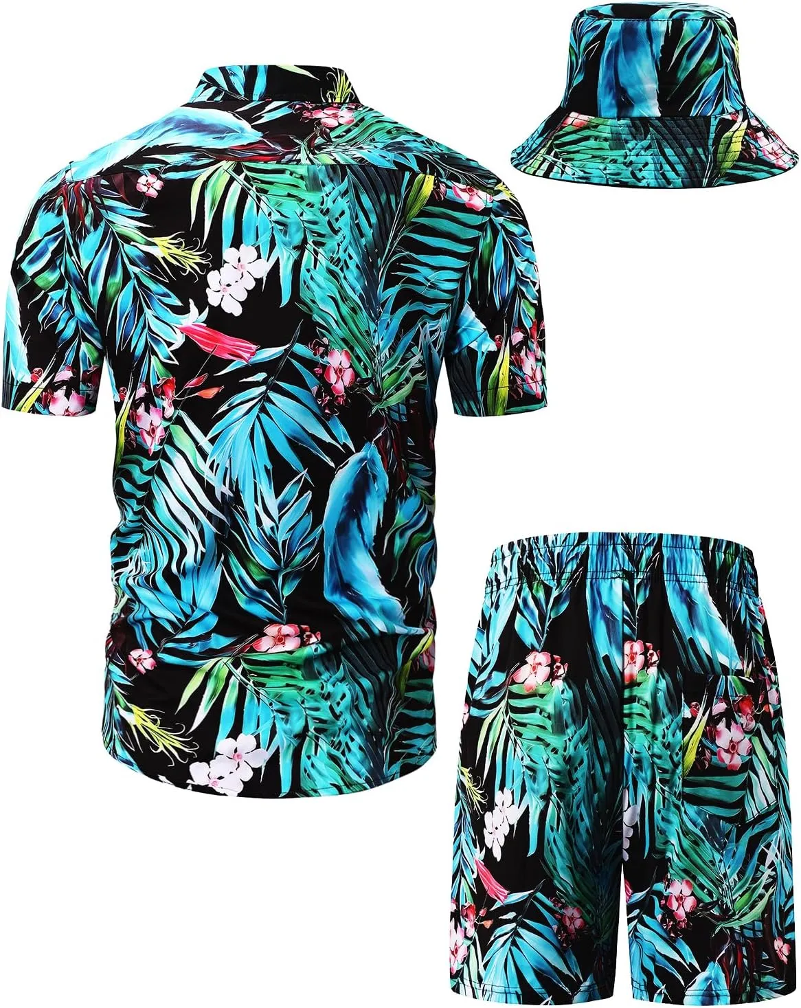 TUNEVUSE Mens Hawaiian Shirts and Shorts Set 2 Pieces Beach Outfits Flower Print Summer Tropical Suit with Bucket Hats