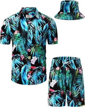 TUNEVUSE Mens Hawaiian Shirts and Shorts Set 2 Pieces Beach Outfits Flower Print Summer Tropical Suit with Bucket Hats