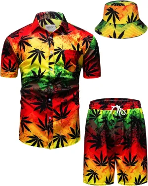 TUNEVUSE Mens Hawaiian Shirts and Shorts Set 2 Pieces Beach Outfits Flower Print Summer Tropical Suit with Bucket Hats