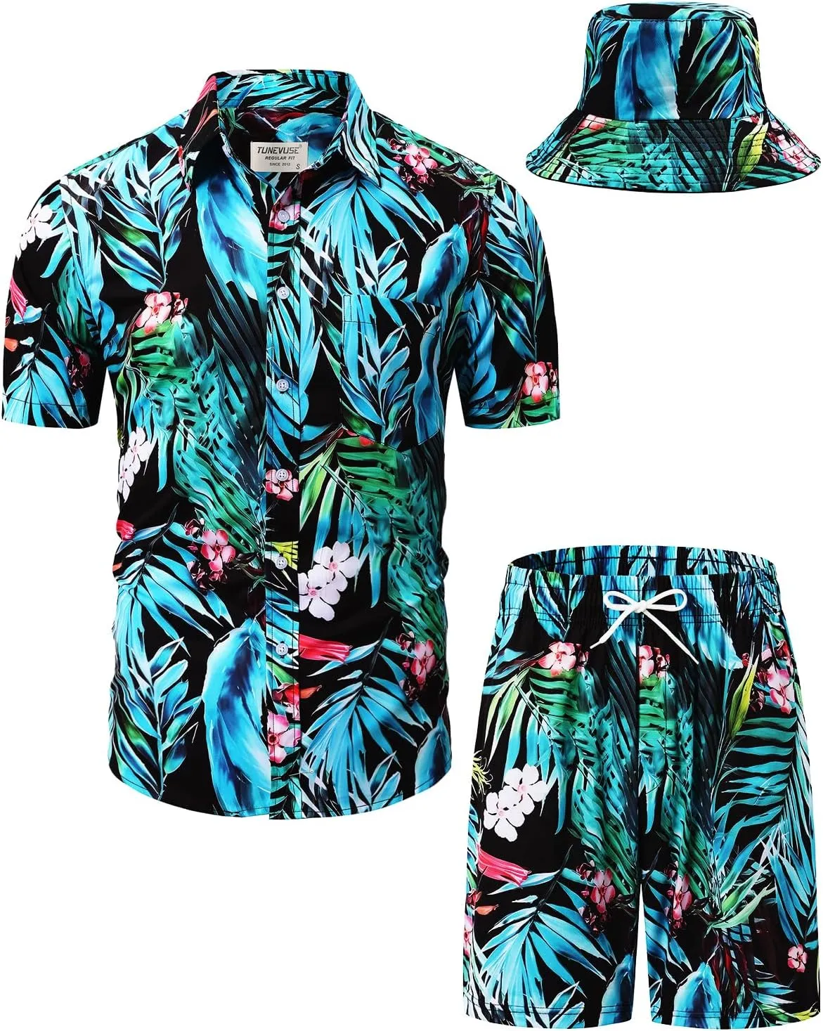 TUNEVUSE Mens Hawaiian Shirts and Shorts Set 2 Pieces Beach Outfits Flower Print Summer Tropical Suit with Bucket Hats