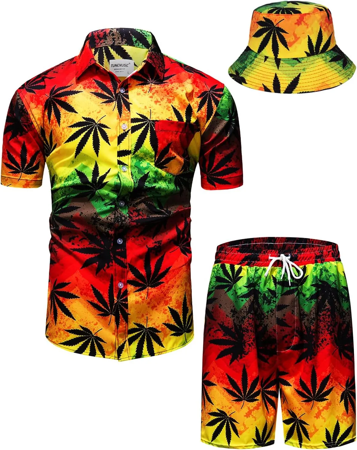 TUNEVUSE Mens Hawaiian Shirts and Shorts Set 2 Pieces Beach Outfits Flower Print Summer Tropical Suit with Bucket Hats