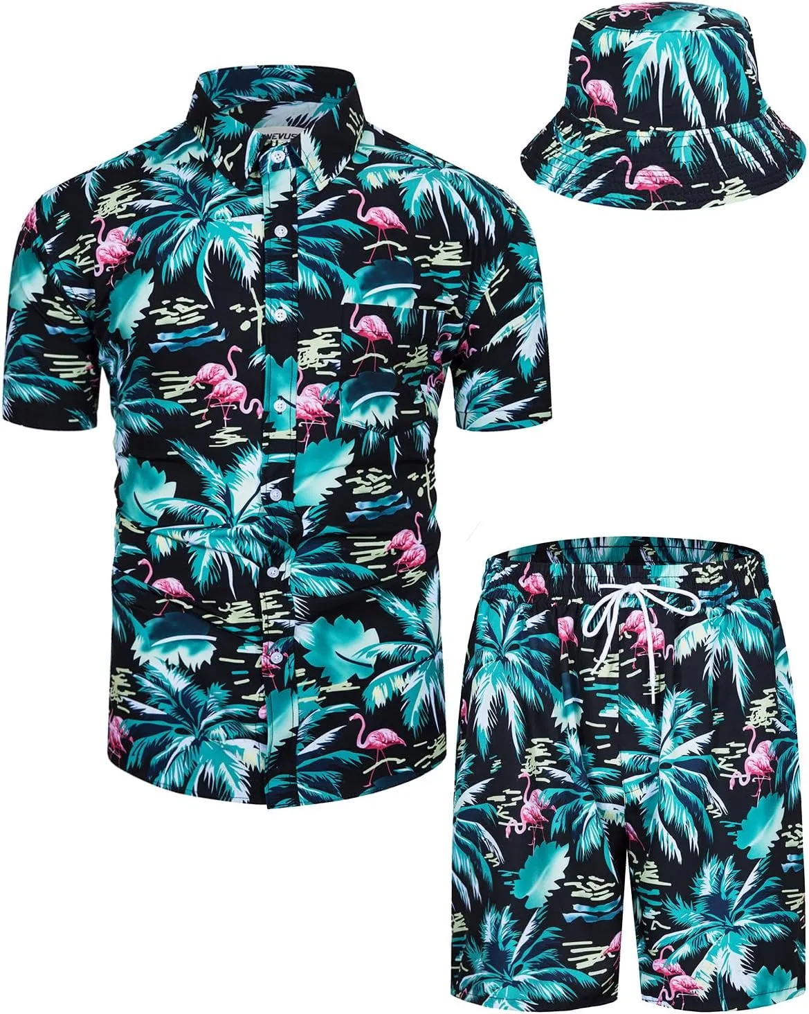 TUNEVUSE Mens Hawaiian Shirts and Shorts Set 2 Pieces Beach Outfits Flower Print Summer Tropical Suit with Bucket Hats