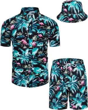 TUNEVUSE Mens Hawaiian Shirts and Shorts Set 2 Pieces Beach Outfits Flower Print Summer Tropical Suit with Bucket Hats