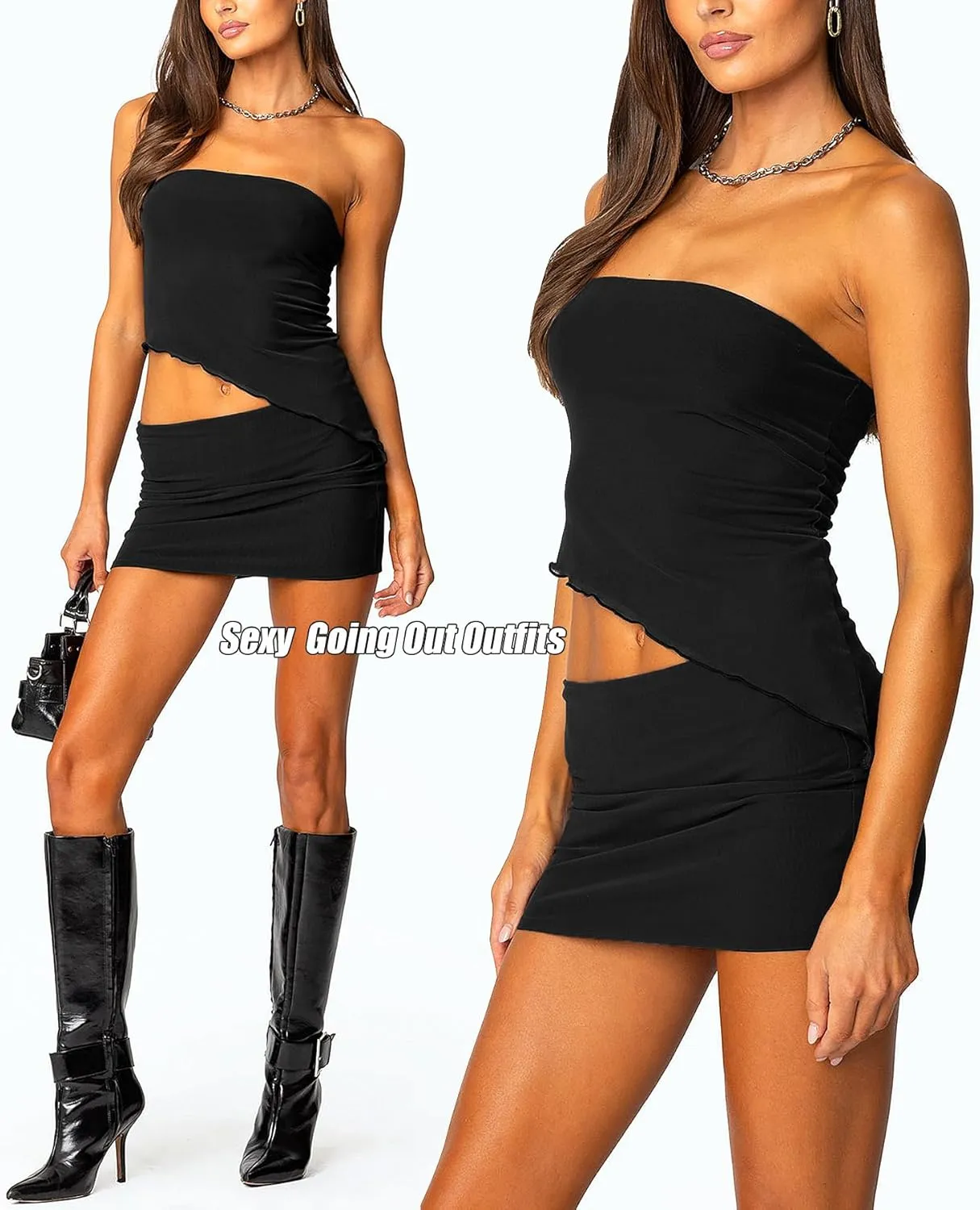 Two Piece Skirt Set for Women Matching Going Out Sets Asymmetrical Tube Top and Bodycon Mini Skirt
