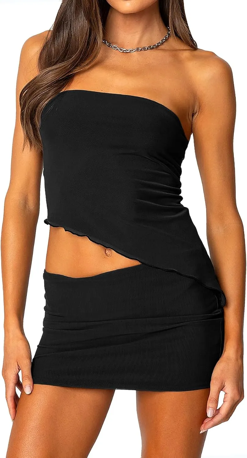 Two Piece Skirt Set for Women Matching Going Out Sets Asymmetrical Tube Top and Bodycon Mini Skirt