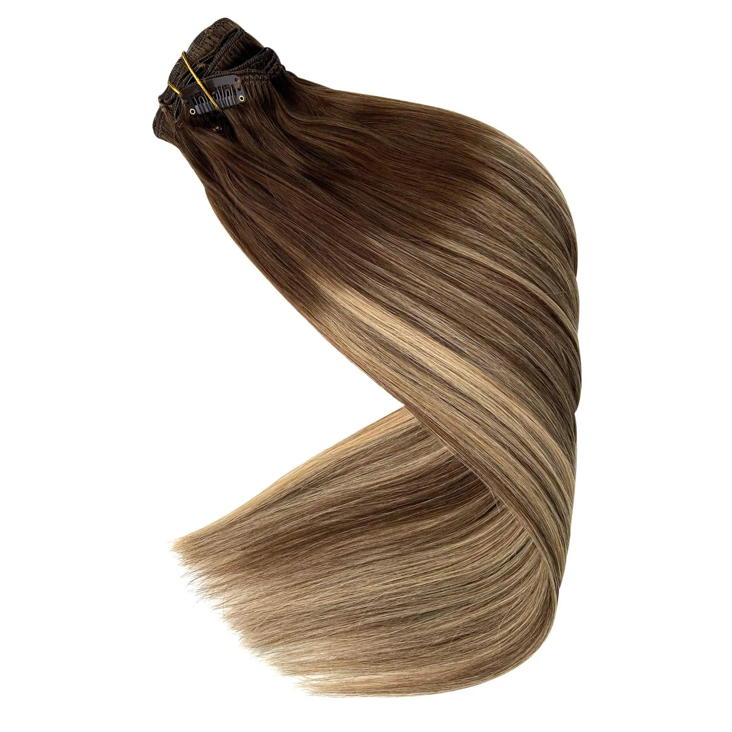 UBETTA Hair Extensions Clip in Human Hair Ombre Chocolate Brown to Honey Blonde Highlights Remy Human Hair Extensions Clip in Real Hair Extensions Natural Straight 7pcs 100Gram 14 inch for Women
