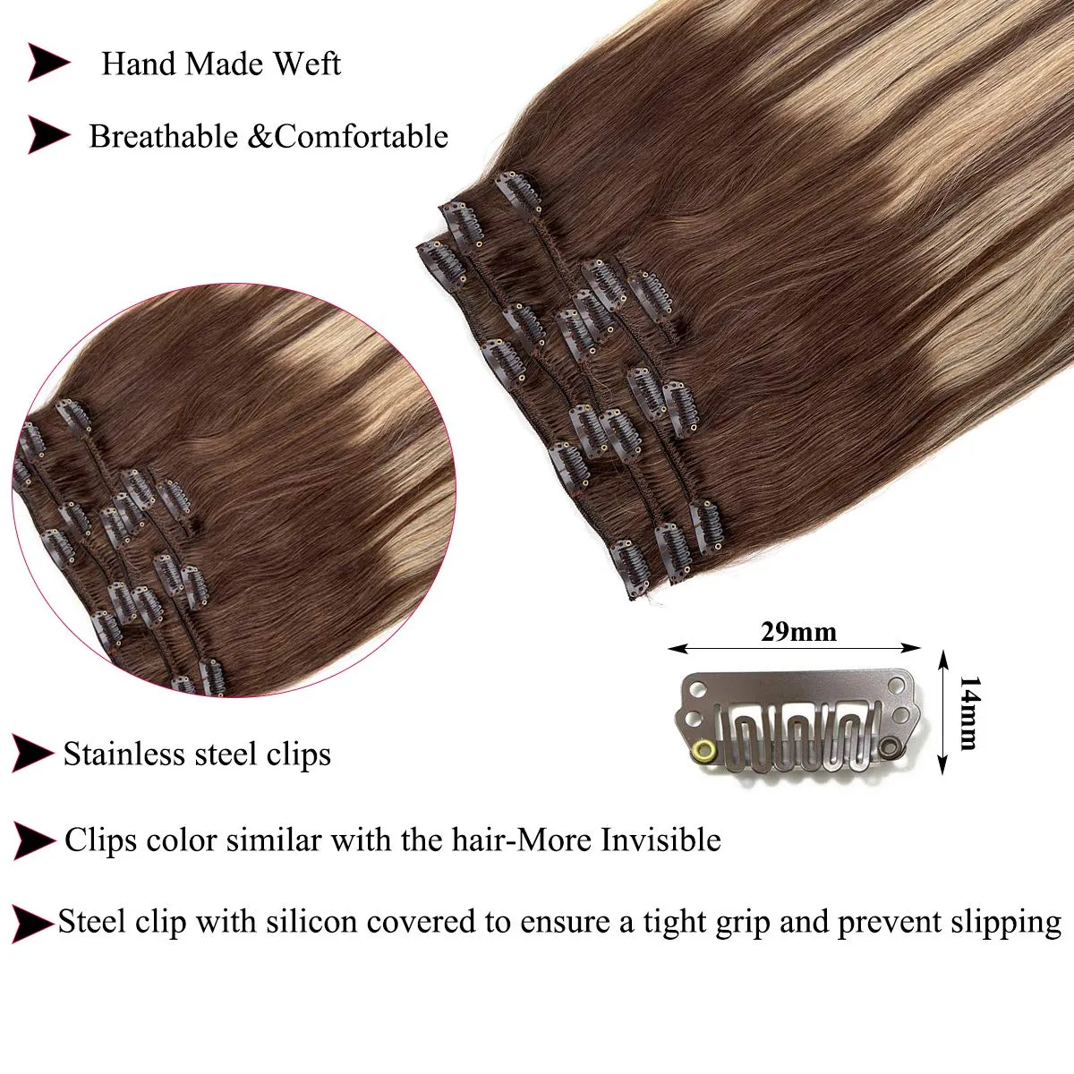 UBETTA Hair Extensions Clip in Human Hair Ombre Chocolate Brown to Honey Blonde Highlights Remy Human Hair Extensions Clip in Real Hair Extensions Natural Straight 7pcs 100Gram 14 inch for Women