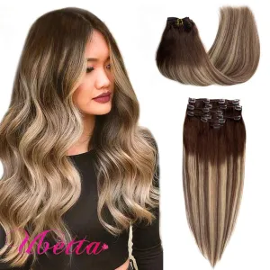 UBETTA Hair Extensions Clip in Human Hair Ombre Chocolate Brown to Honey Blonde Highlights Remy Human Hair Extensions Clip in Real Hair Extensions Natural Straight 7pcs 100Gram 14 inch for Women
