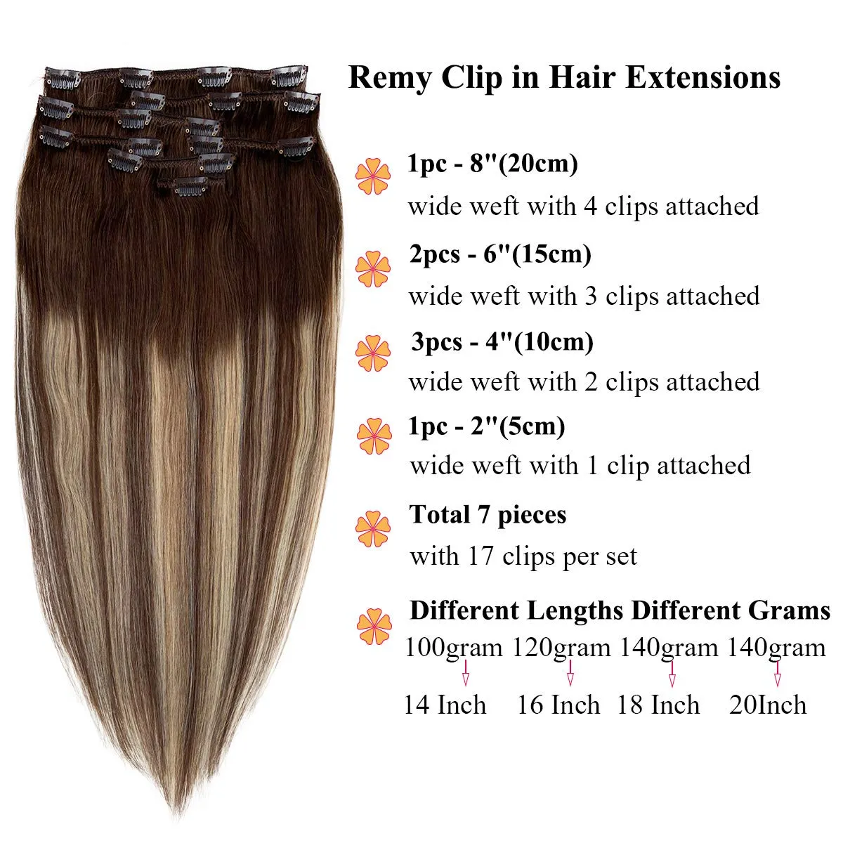 UBETTA Hair Extensions Clip in Human Hair Ombre Chocolate Brown to Honey Blonde Highlights Remy Human Hair Extensions Clip in Real Hair Extensions Natural Straight 7pcs 100Gram 14 inch for Women
