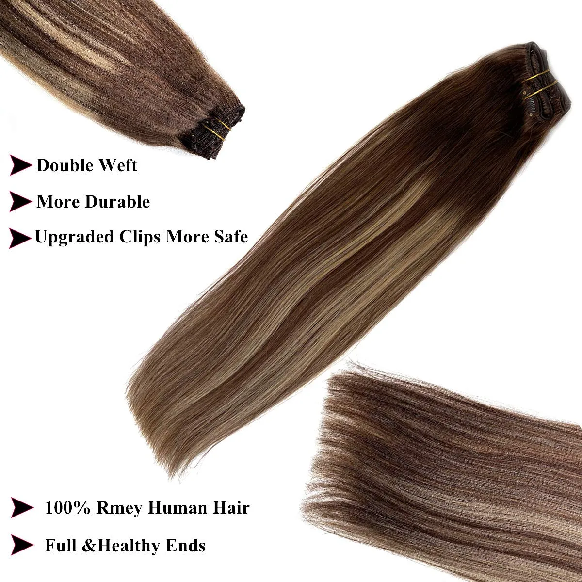UBETTA Hair Extensions Clip in Human Hair Ombre Chocolate Brown to Honey Blonde Highlights Remy Human Hair Extensions Clip in Real Hair Extensions Natural Straight 7pcs 100Gram 14 inch for Women