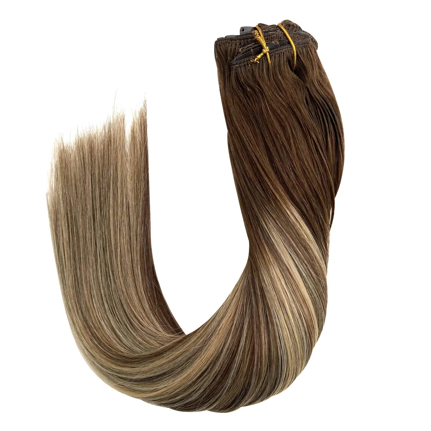 UBETTA Hair Extensions Clip in Human Hair Ombre Chocolate Brown to Honey Blonde Highlights Remy Human Hair Extensions Clip in Real Hair Extensions Natural Straight 7pcs 100Gram 14 inch for Women