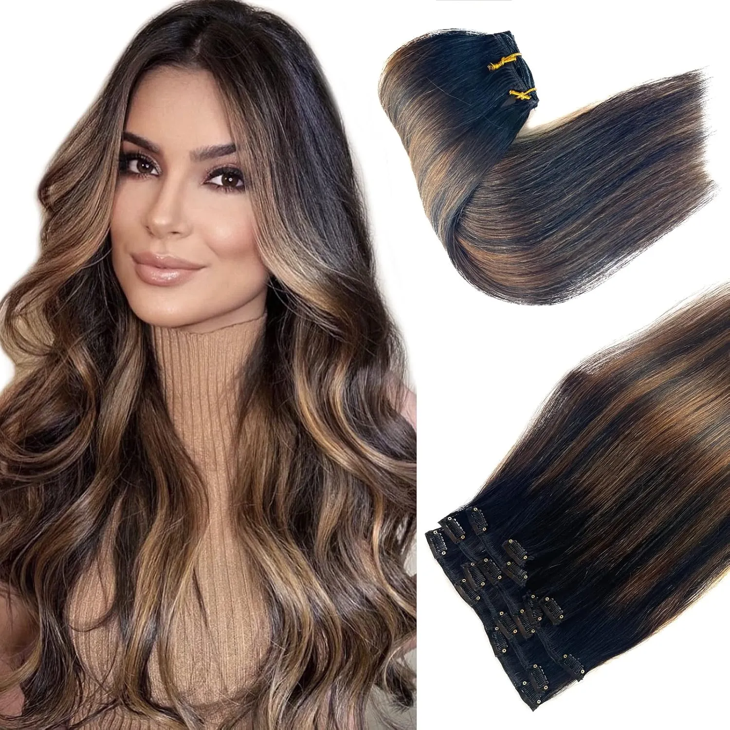 Ubetta Human Hair Clip in Real Extensions,7 Pieces Weft Extensions ins 16 Inch Remy 70G for Women, 7PCS-Clipins-(Natural Black Balayage Light Brown Highlights)