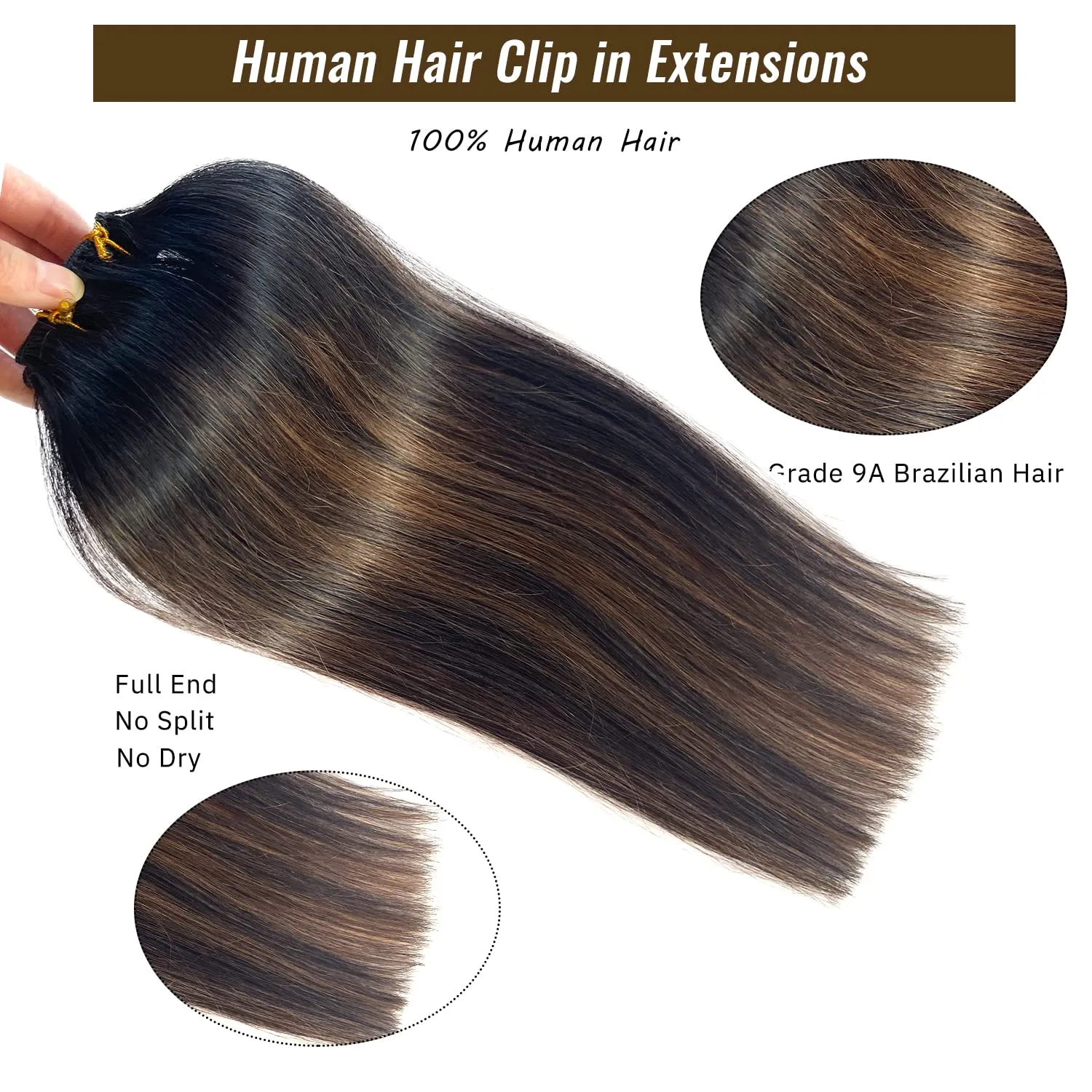 Ubetta Human Hair Clip in Real Extensions,7 Pieces Weft Extensions ins 16 Inch Remy 70G for Women, 7PCS-Clipins-(Natural Black Balayage Light Brown Highlights)