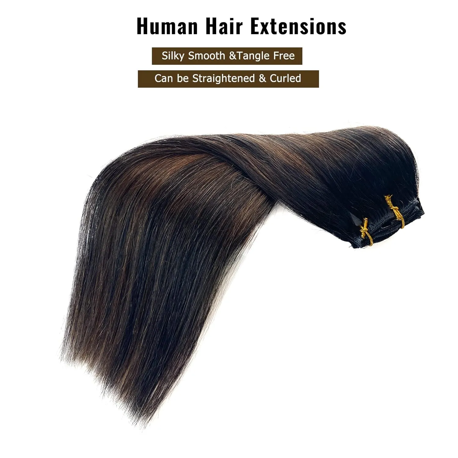 Ubetta Human Hair Clip in Real Extensions,7 Pieces Weft Extensions ins 16 Inch Remy 70G for Women, 7PCS-Clipins-(Natural Black Balayage Light Brown Highlights)