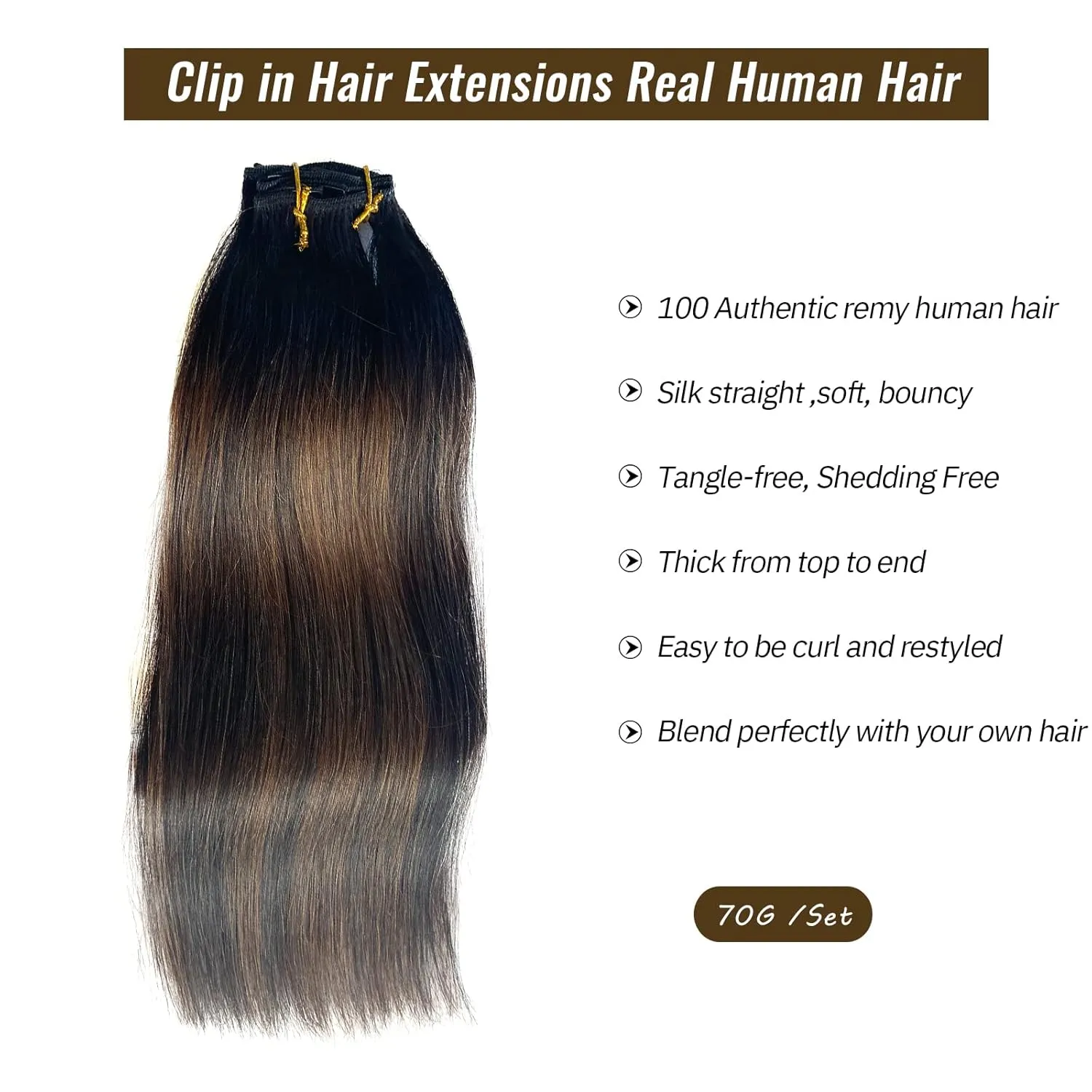 Ubetta Human Hair Clip in Real Extensions,7 Pieces Weft Extensions ins 16 Inch Remy 70G for Women, 7PCS-Clipins-(Natural Black Balayage Light Brown Highlights)