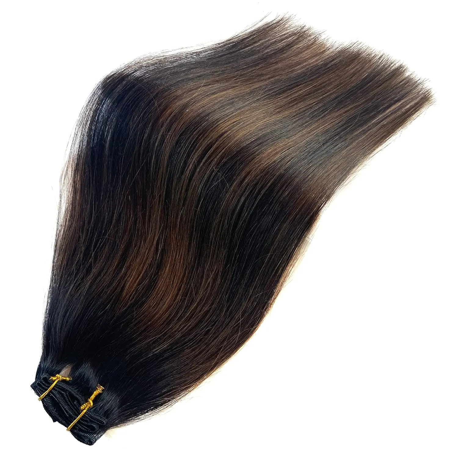 Ubetta Human Hair Clip in Real Extensions,7 Pieces Weft Extensions ins 16 Inch Remy 70G for Women, 7PCS-Clipins-(Natural Black Balayage Light Brown Highlights)