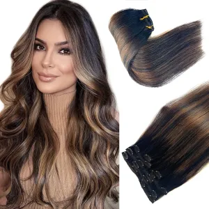 Ubetta Human Hair Clip in Real Extensions,7 Pieces Weft Extensions ins 16 Inch Remy 70G for Women, 7PCS-Clipins-(Natural Black Balayage Light Brown Highlights)