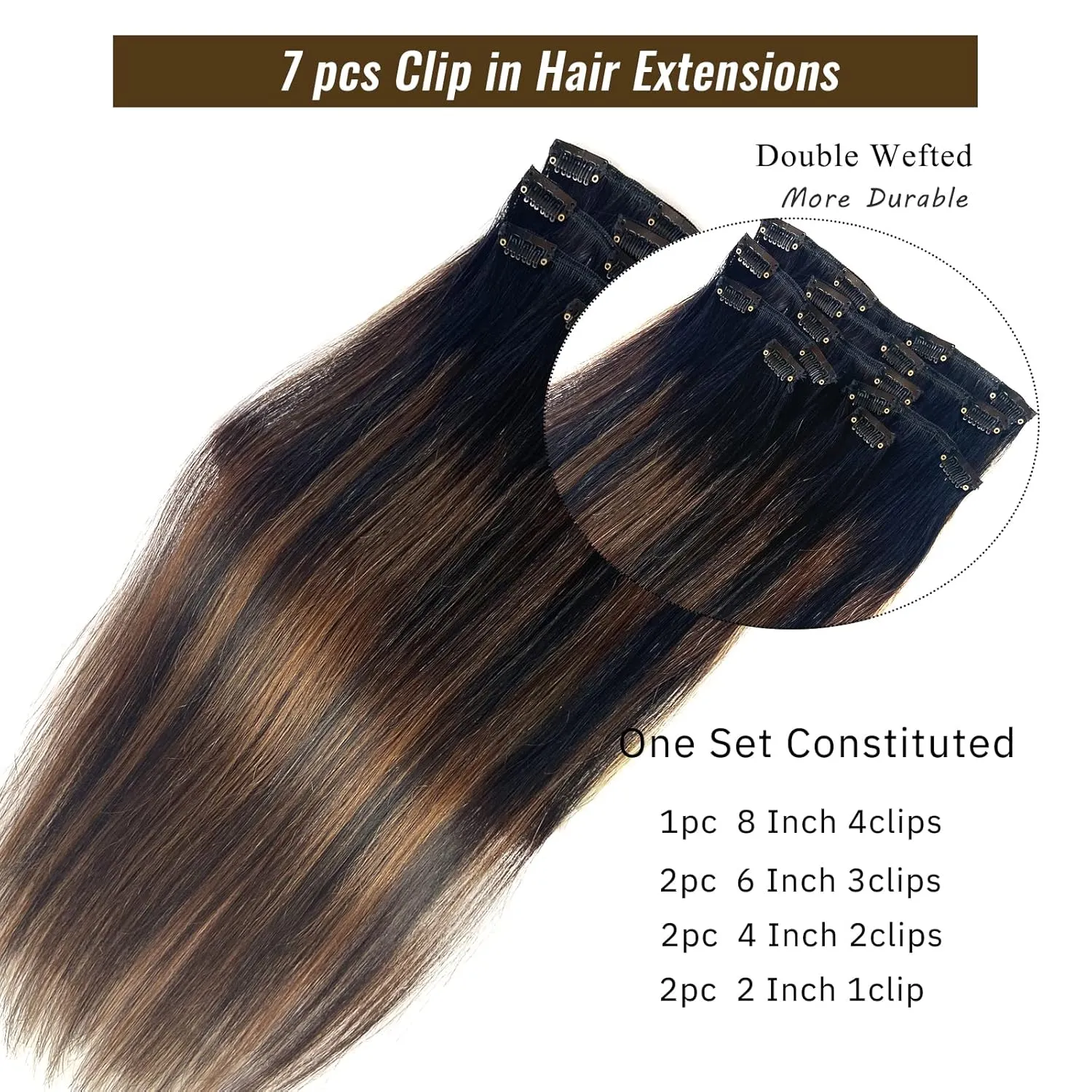 Ubetta Human Hair Clip in Real Extensions,7 Pieces Weft Extensions ins 16 Inch Remy 70G for Women, 7PCS-Clipins-(Natural Black Balayage Light Brown Highlights)