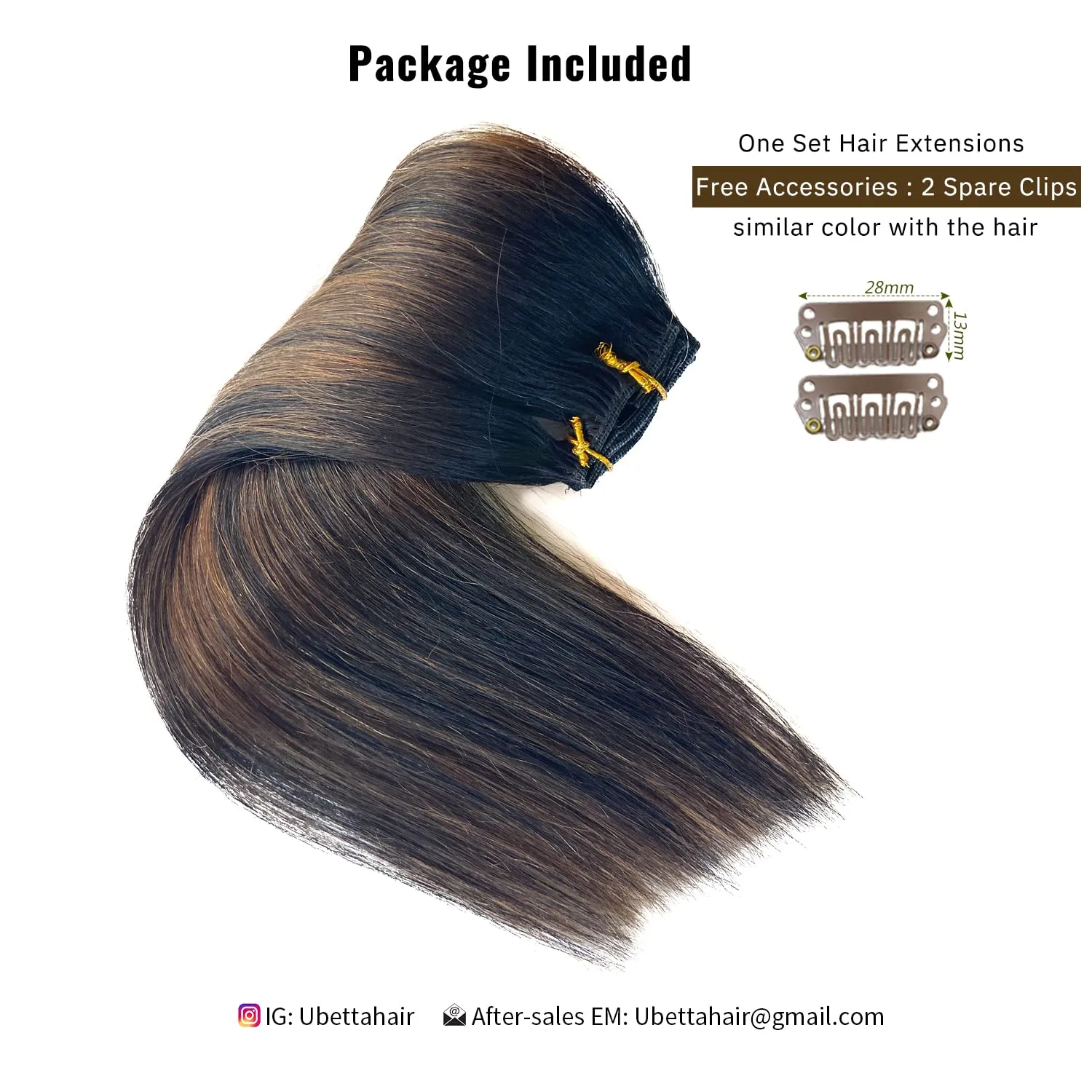 Ubetta Human Hair Clip in Real Extensions,7 Pieces Weft Extensions ins 16 Inch Remy 70G for Women, 7PCS-Clipins-(Natural Black Balayage Light Brown Highlights)