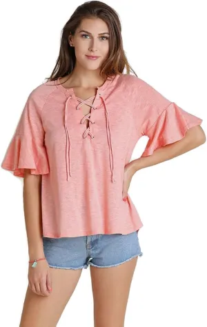 Umgee Women's Lace Up Bell Sleeve Bohemian Tunic Top