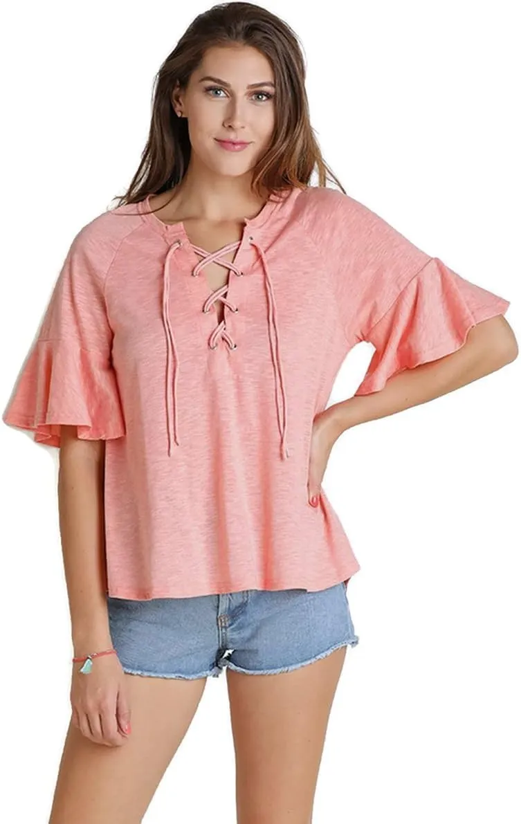 Umgee Women's Lace Up Bell Sleeve Bohemian Tunic Top