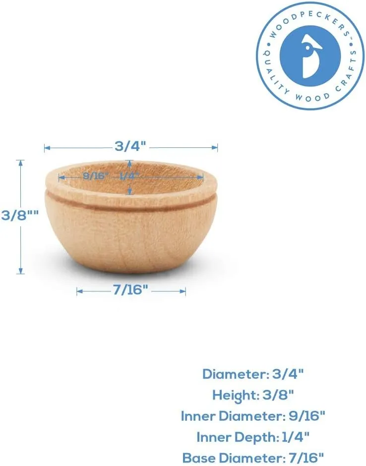 Unfinished Wood Mini Bowl, 3/4 inch, Perfect for Scale Models, Dollhouse Dishes, Wood Craft Projects, and Sorting Activity, Pack of 50, by Woodpeckers