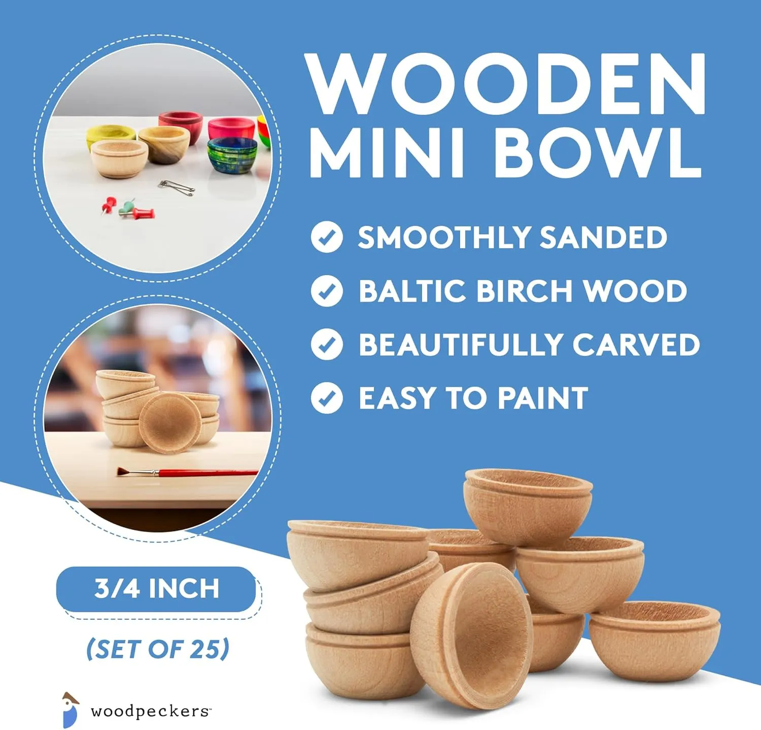 Unfinished Wood Mini Bowl, 3/4 inch, Perfect for Scale Models, Dollhouse Dishes, Wood Craft Projects, and Sorting Activity, Pack of 50, by Woodpeckers